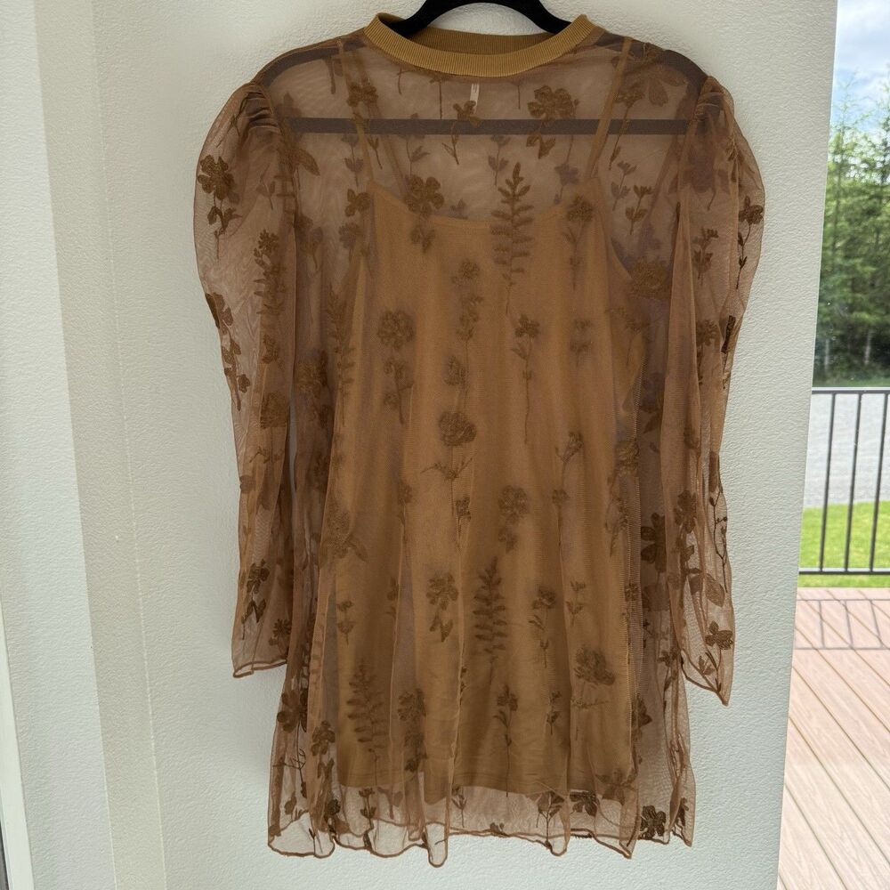 Free People Celina Brown Sheer Lace Mini Dress Womens XS Long sleeve Embroidered - Picture 7 of 13